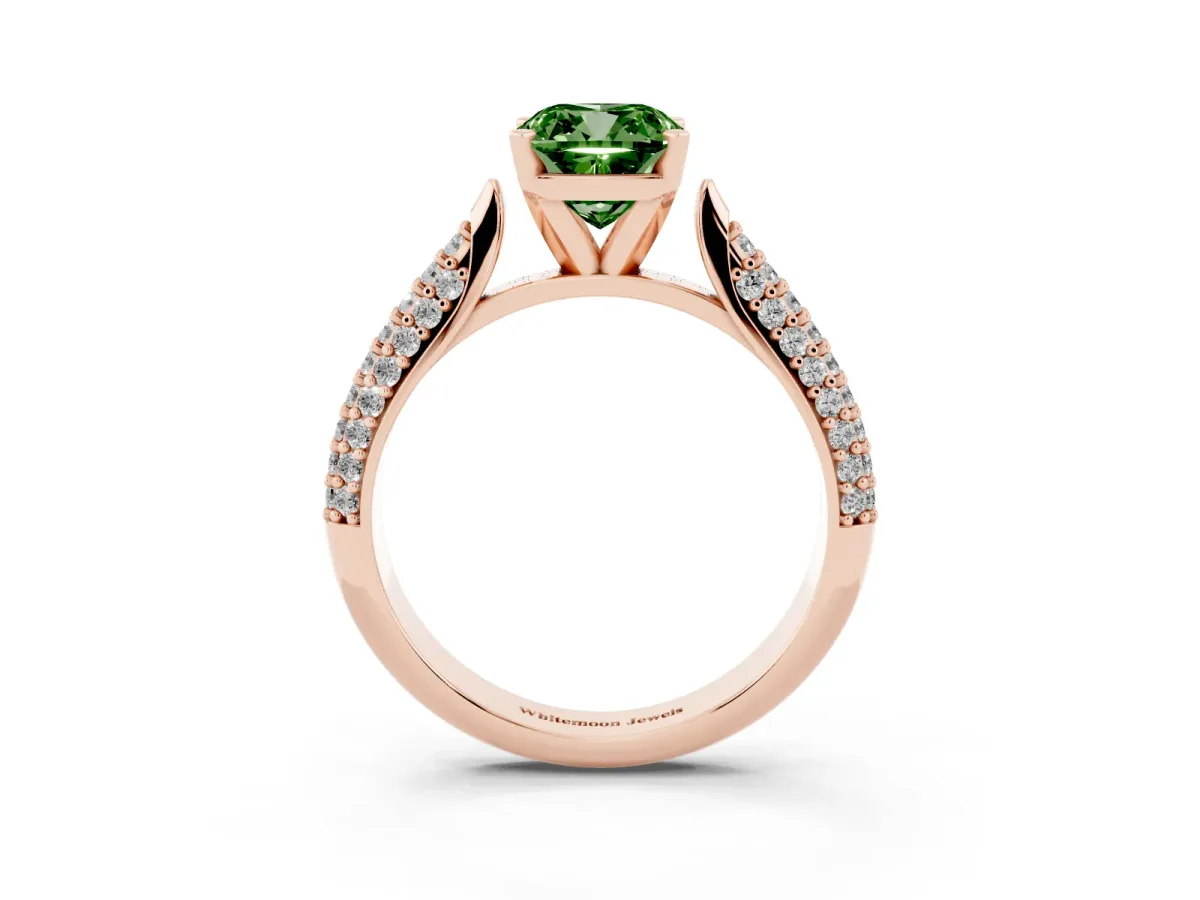 Fancy Green Cushion Cut Diamond Solitaire Engagement Ring with Multi-Row Round Pavé Band and Prong Setting Rose gold