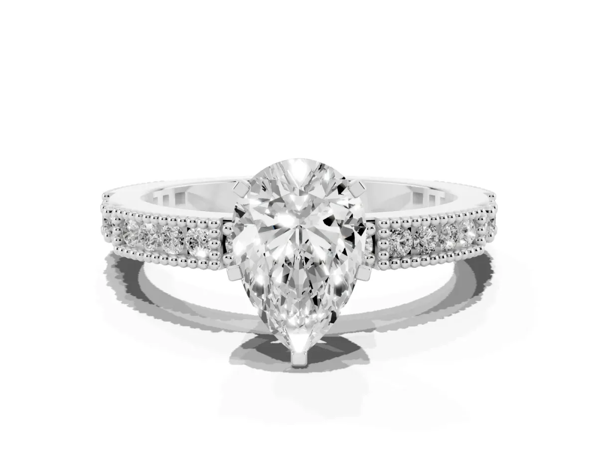 Pear Cut Solitaire with Pavé Band and Four-Prong Setting White gold