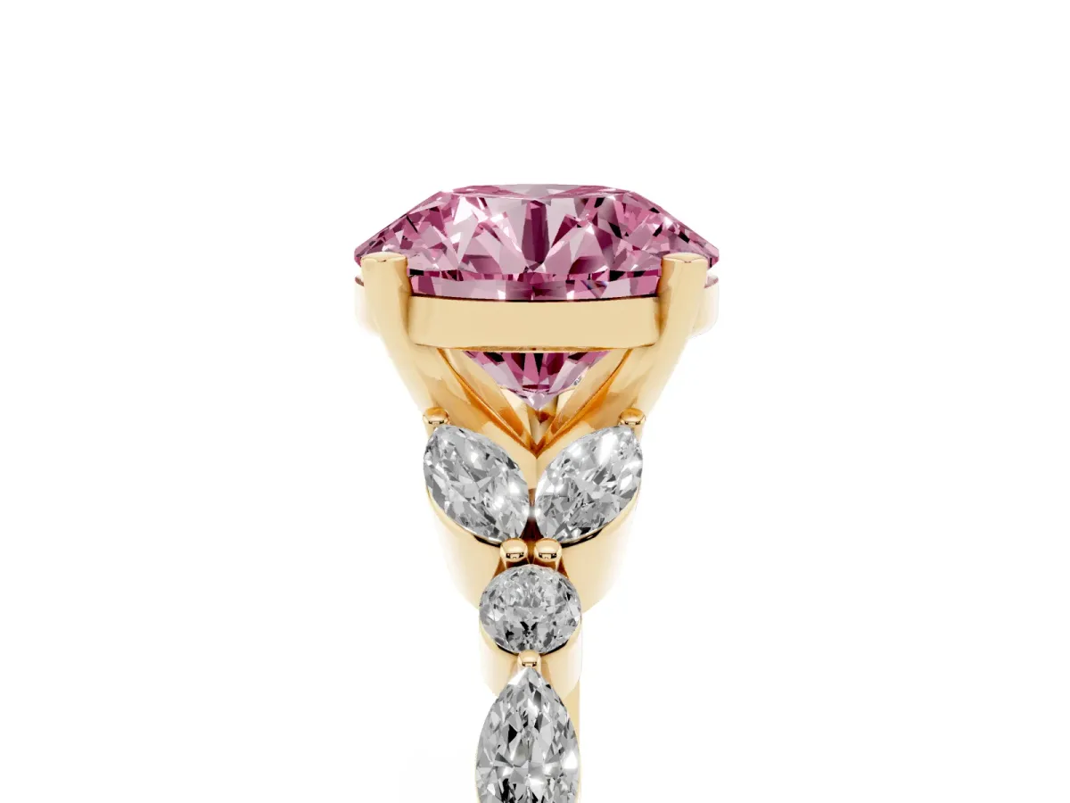 Fancy Pink Round Cut Diamond Solitaire Ring with Side Stones and Four-Prong Setting Yellow gold