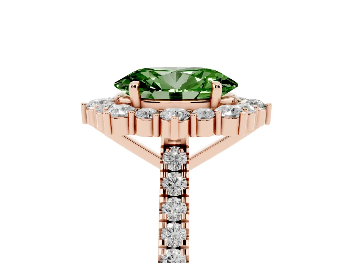 Fancy Green Oval Cut Halo Diamond Ring with Pavé Band and Prong Setting Rose gold