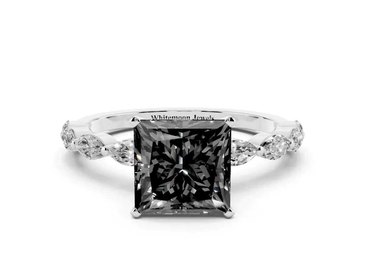 Fancy Black Princess Cut Diamond Ring with Marquise Side Stones and Prong Setting Platinum