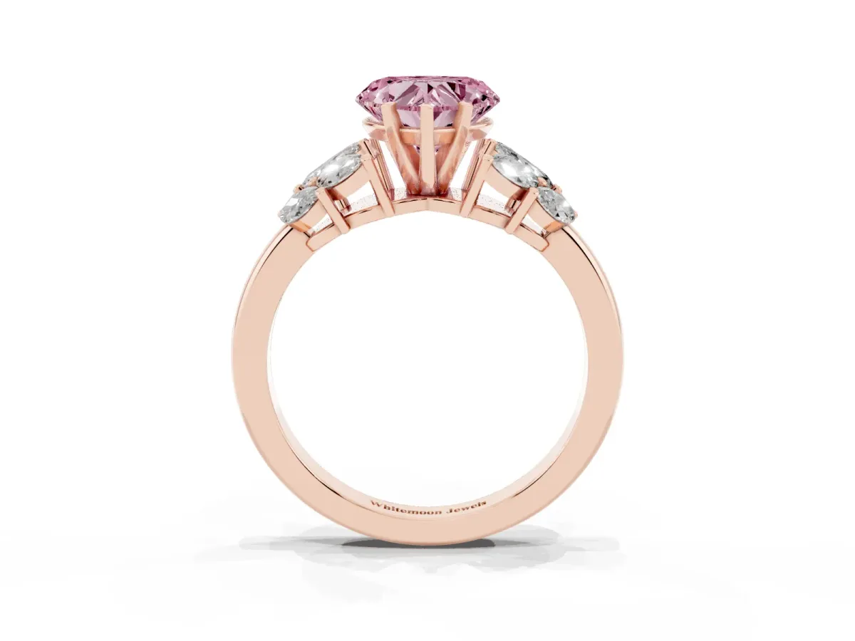Fancy Pink Heart Cut Diamond Cluster Leaf Design Ring with Prong Setting Rose gold