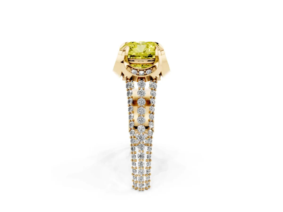 Fancy Yellow Cushion Cut Solitaire Pave Split Shank Ring with Four-Prong Setting Yellow gold