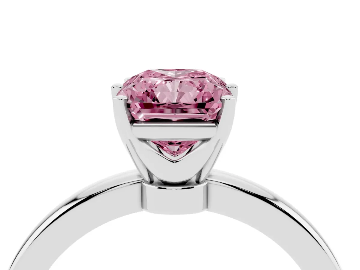 Fancy Pink Radiant Cut Solitaire Diamond Ring with Six-Prong Setting on a Classic Band Silver