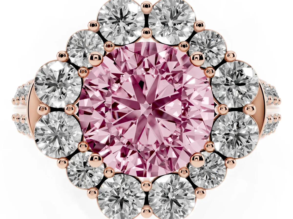 Fancy Pink Round Cut Halo Diamond Engagement Ring with Split Shank and Prong Setting Rose gold