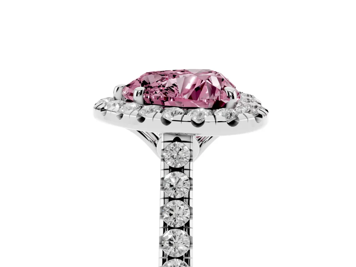 Fancy Pink Heart Cut Halo Pavé Diamond Engagement Ring with Four-Prong Setting Silver