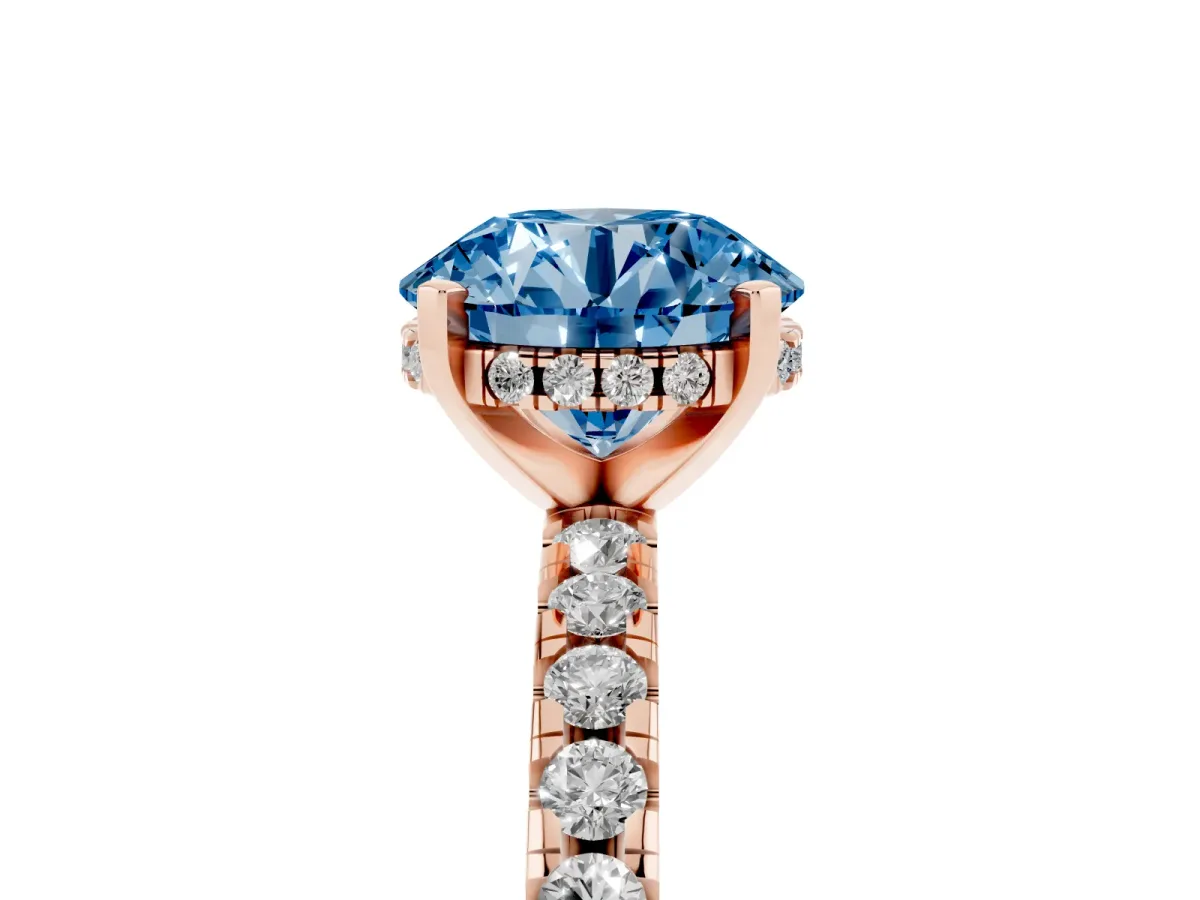 Fancy Blue Round Cut Diamond Solitaire Ring with Round Pavé Band and Four-Prong Setting Rose gold