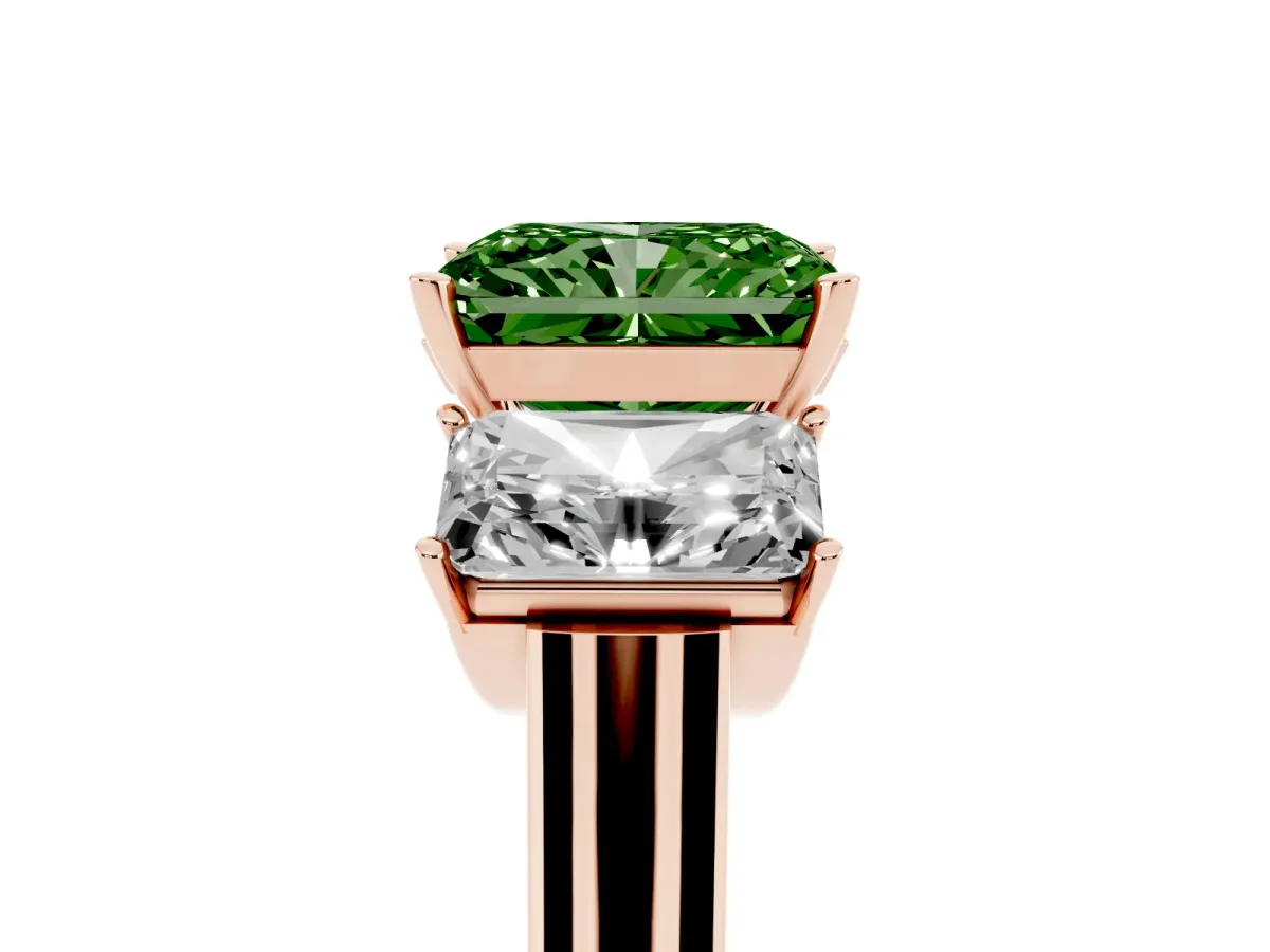 Fancy Green Three-Stone Radiant Cut Brilliant Diamond Trellis Ring with Comfort Fit Band Rose gold