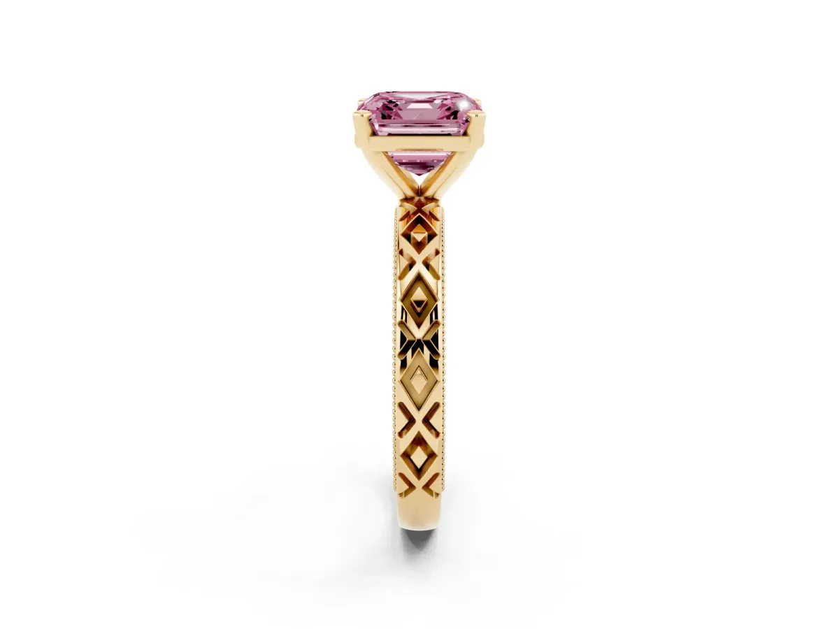 Fancy Pink Asscher Cut Solitaire Diamond Ring with Milgrain and Black Enamel X Pattern Band Yellow gold