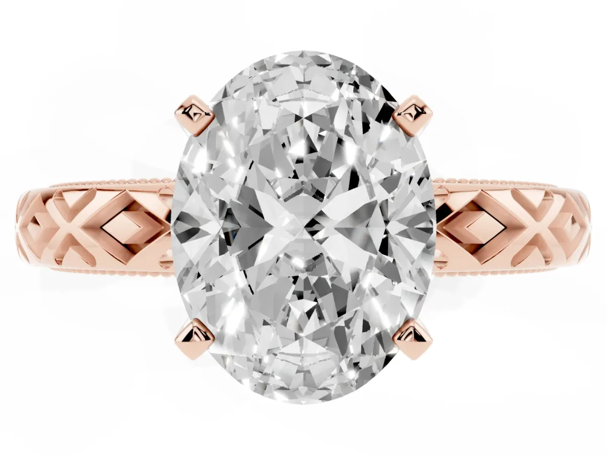 Oval Cut Solitaire Diamond Ring with Milgrain and Black Enamel X Pattern Band Rose gold