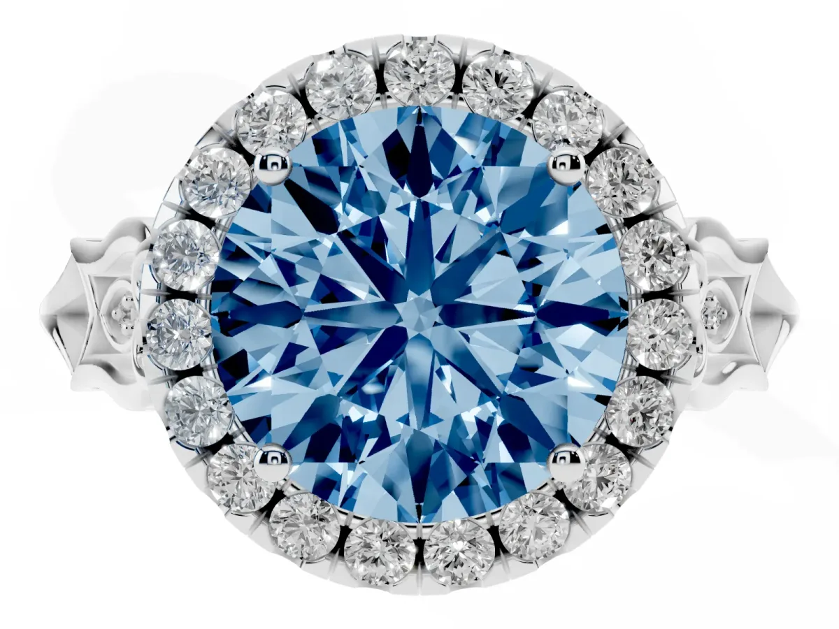 Fancy Blue Round Cut Halo Diamond Engagement Ring with Filigree Band and Four-Prong Setting White gold