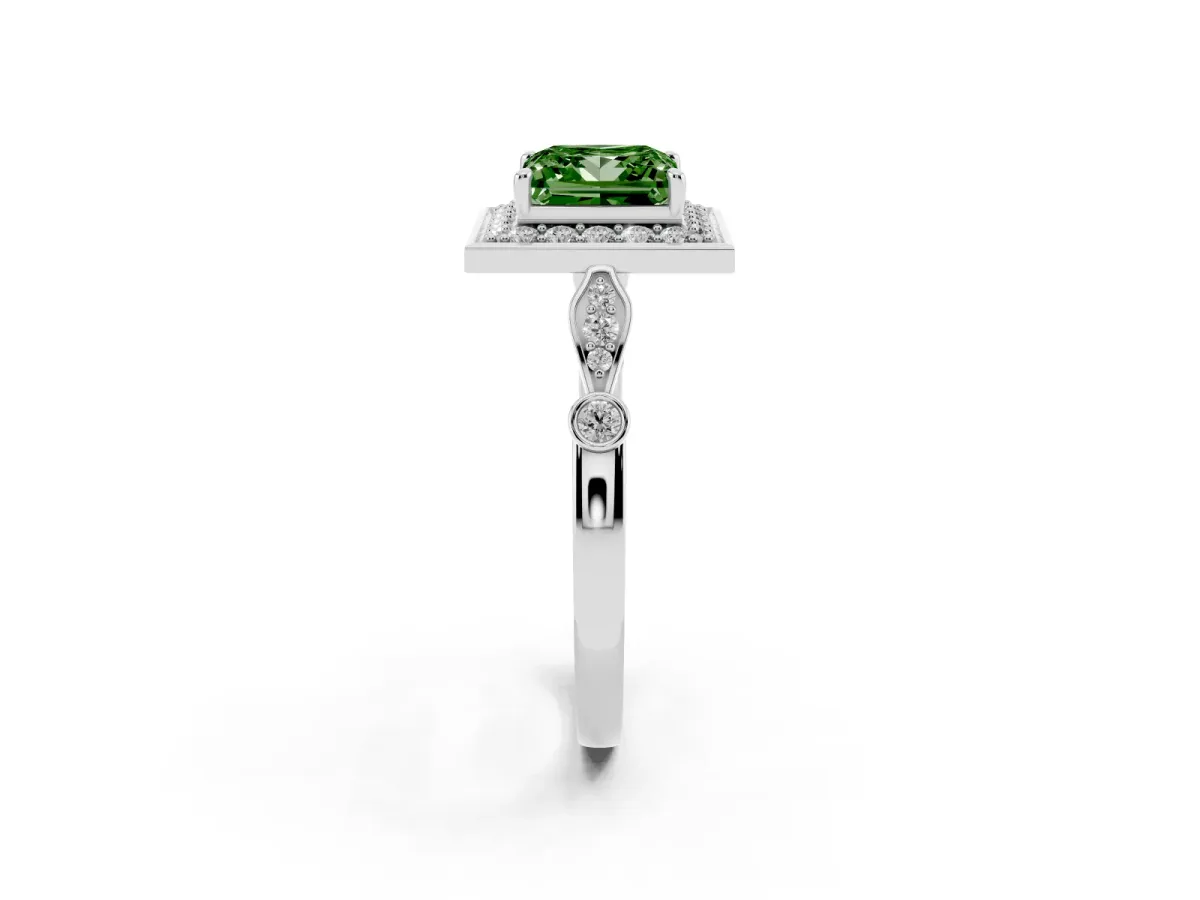 Fancy Green Princess Cut Halo Diamond Engagement Ring with Twisted Band and Four-Prong Setting White gold