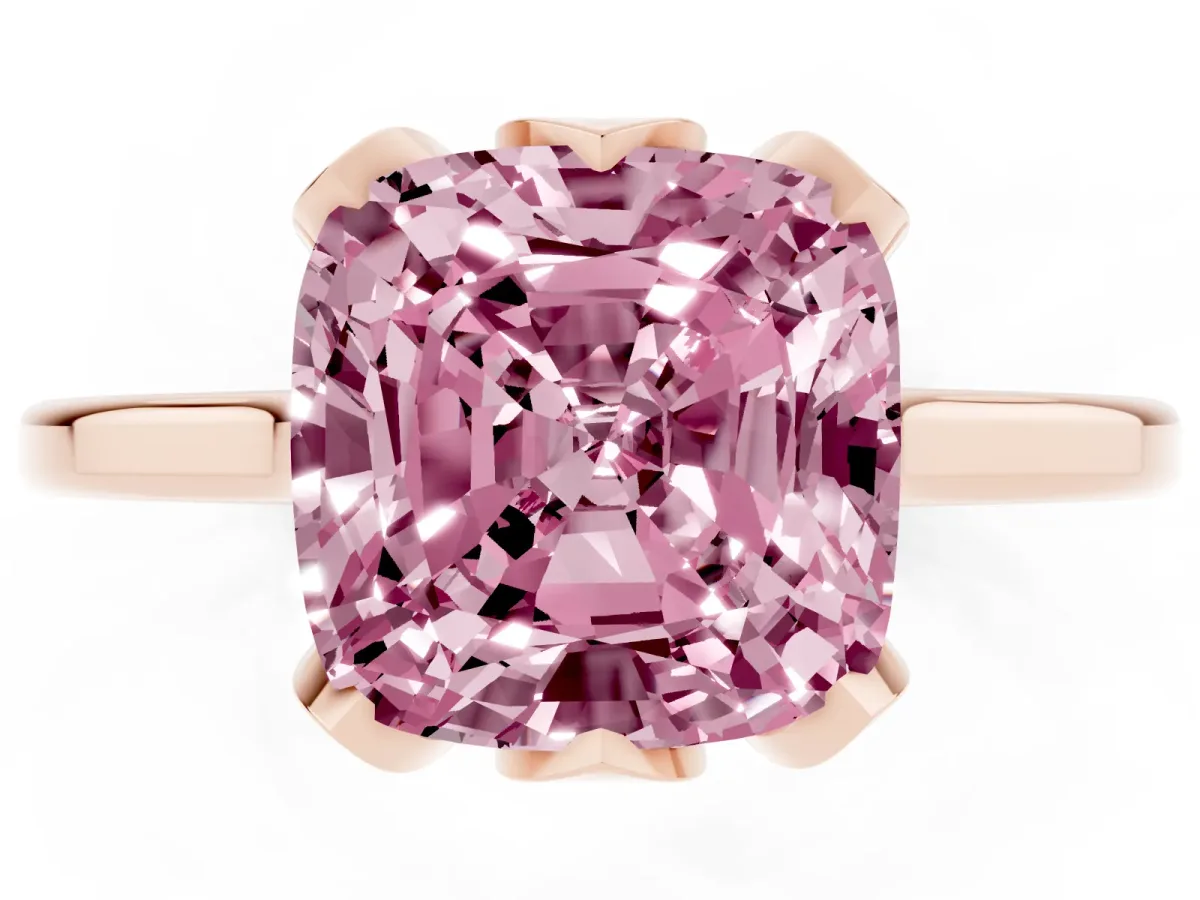 Fancy Pink Cushion Cut Diamond Solitaire Ring with Flower Prong Setting and Classic Band Rose gold
