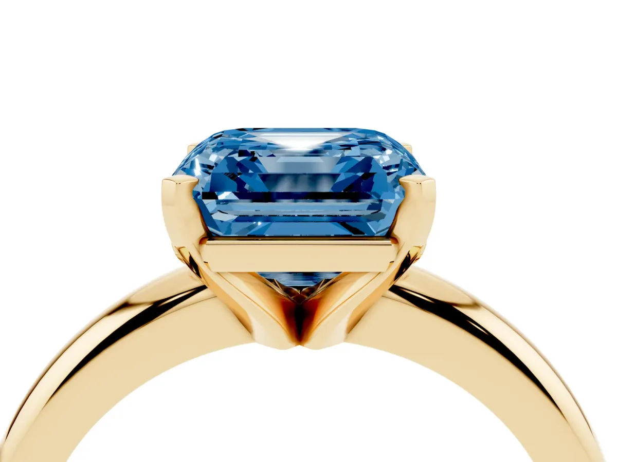 Fancy Blue Asscher Cut Diamond Solitaire Engagement Ring with Round Band and Four-Prong Setting Yellow gold