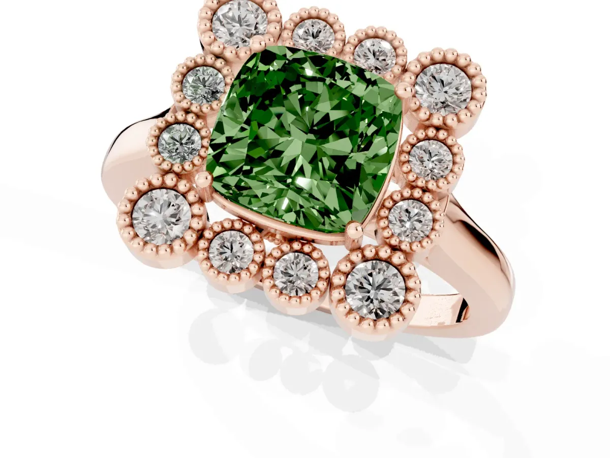 Fancy Green Cushion Cut Halo Diamond Cluster Engagement Ring with Milgrain Bezel Setting and Solitaire Band Rose gold