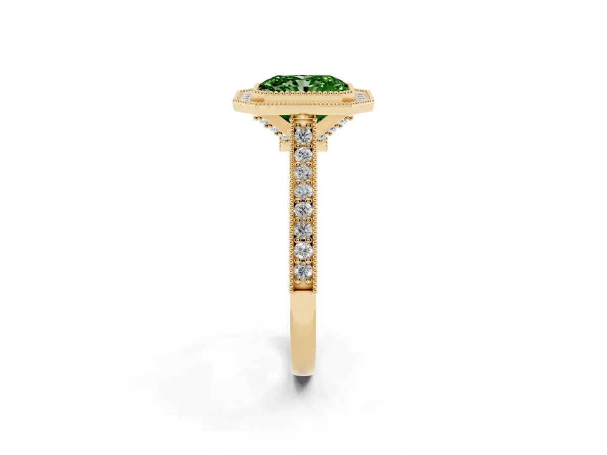 Fancy Green Halo Radiant Cut-Cut Diamond Pave Band Milgrain Prong Setting Ring Yellow gold