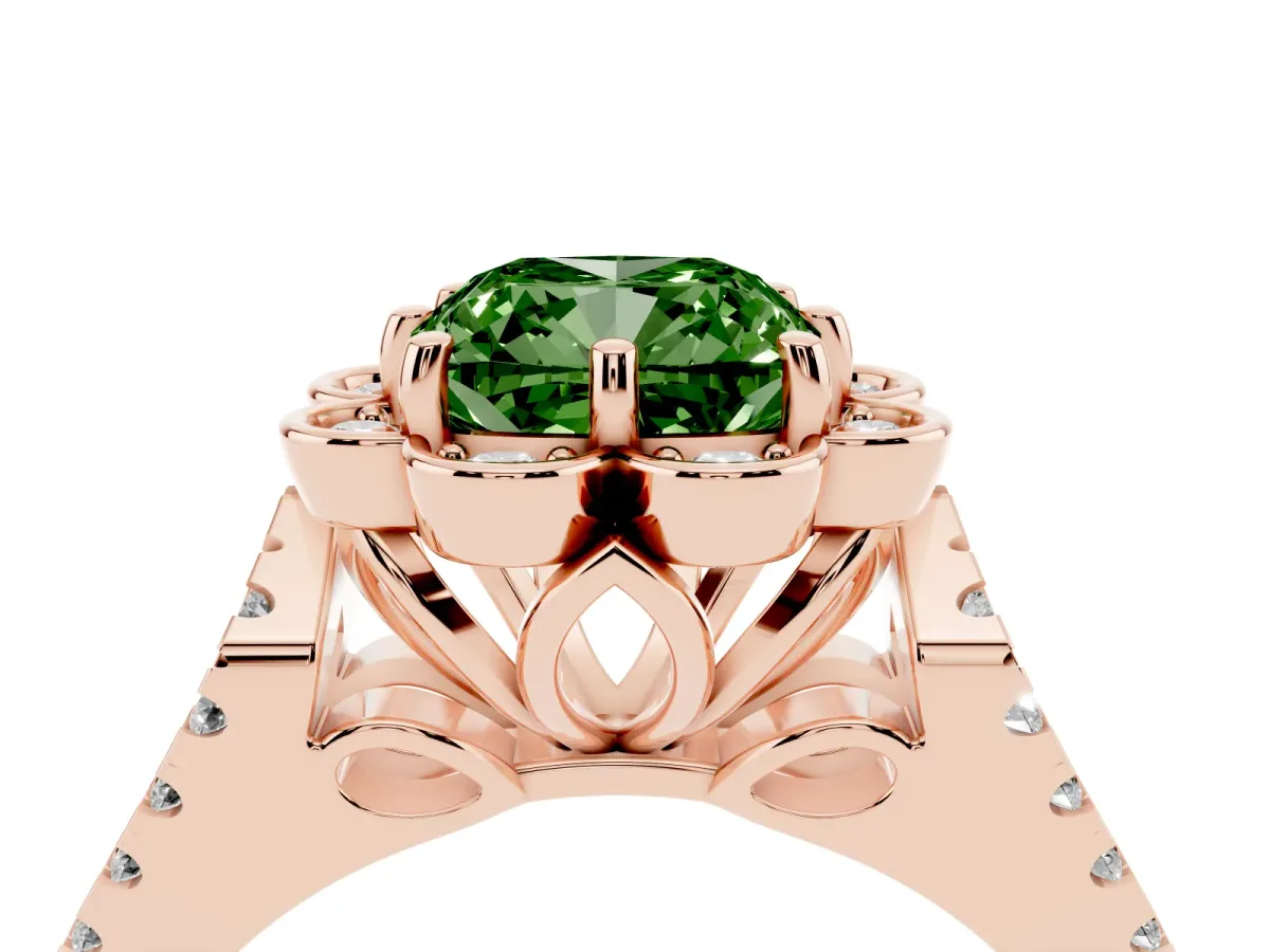 Fancy Green Cushion Cut Halo Diamond Floral Split Shank Engagement Ring Rose gold