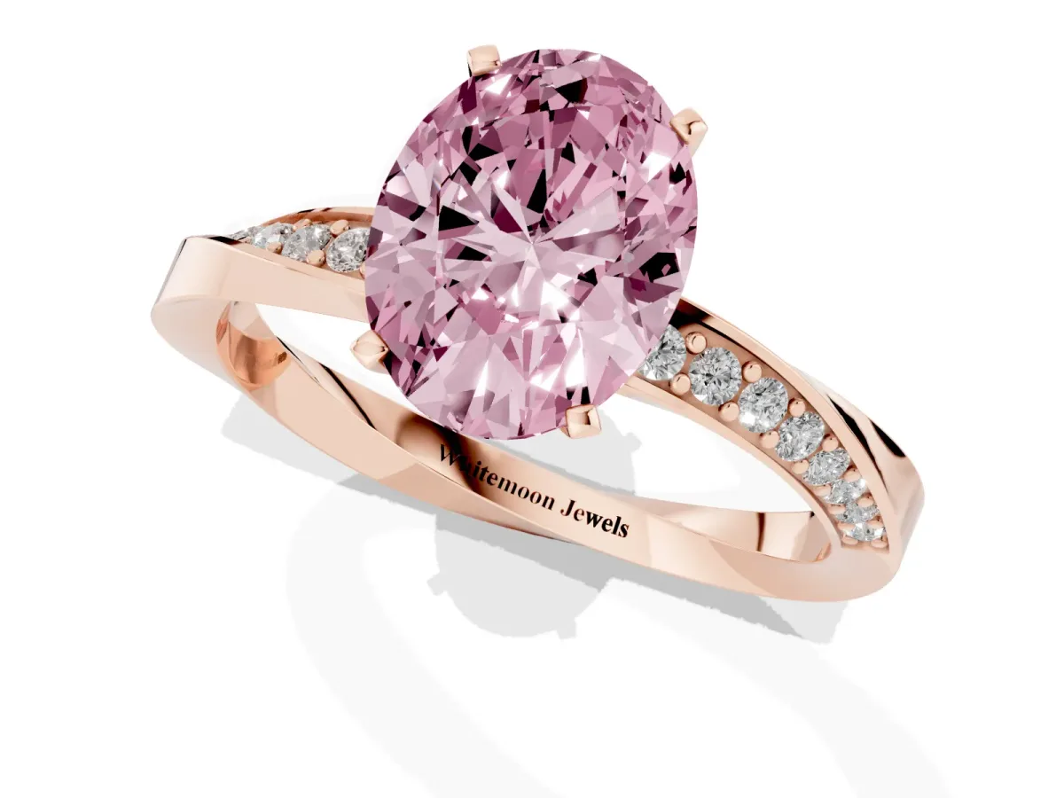 Fancy Pink Oval Cut Diamond Engagement Ring with Side Stone Accents and Four-Prong Setting Rose gold
