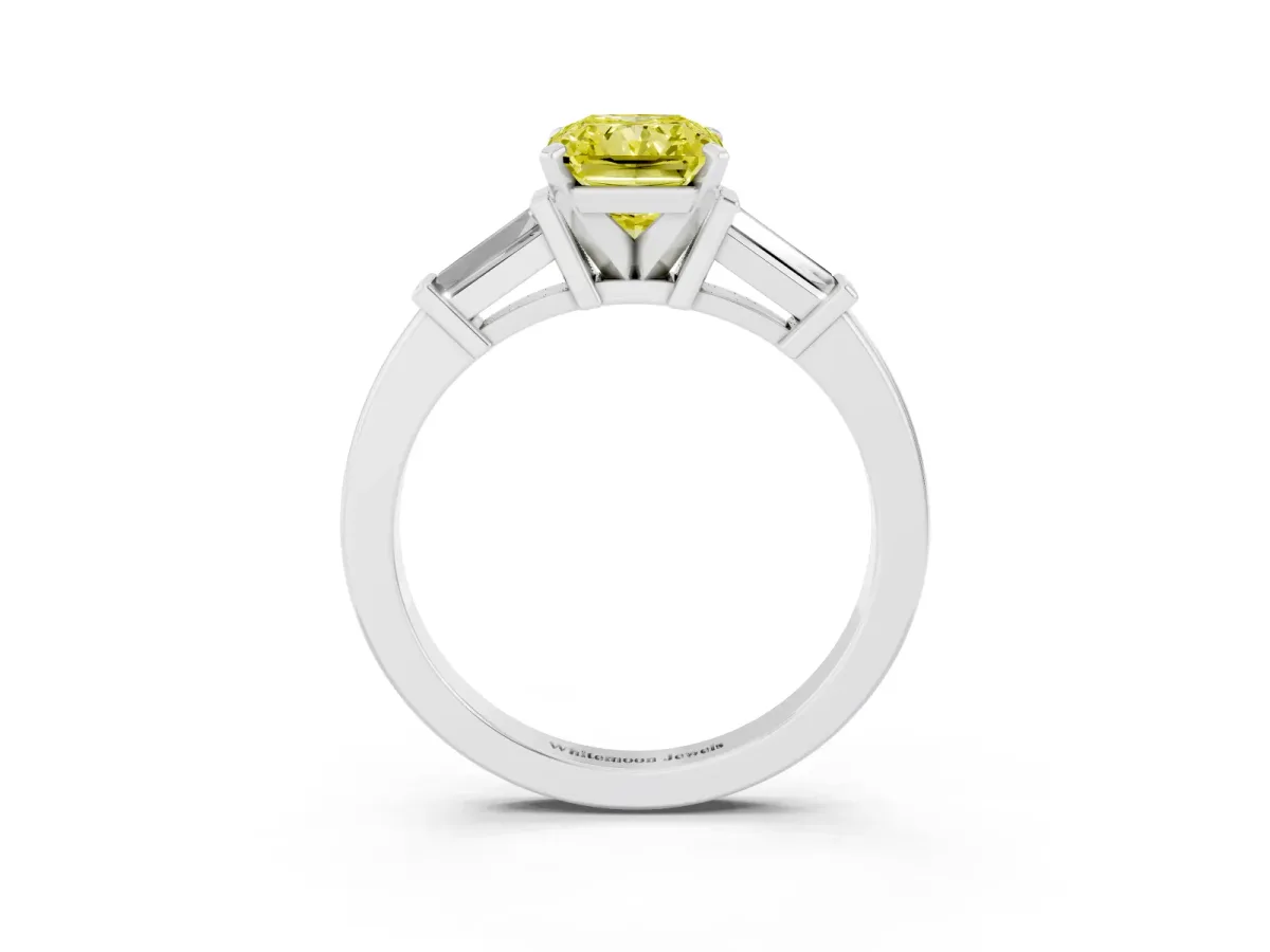 Fancy Yellow Radiant Cut Cut Diamond Solitaire Ring with Tapered Baguette Accents and Four-Prong Setting White gold
