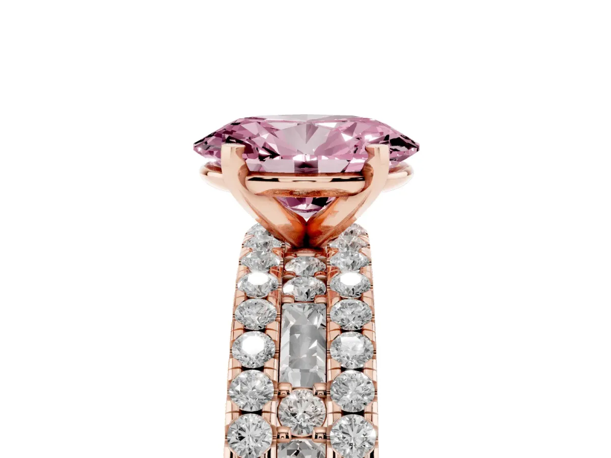 Fancy Pink Oval Cut Diamond Solitaire Ring with Pavé and Channel Set Band Rose gold