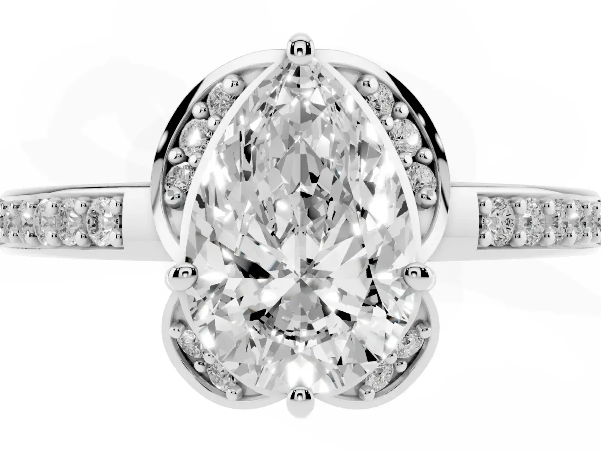 Pear Cut Cut Halo Diamond Ring with Channel Set Band and Four-Prong Setting Silver