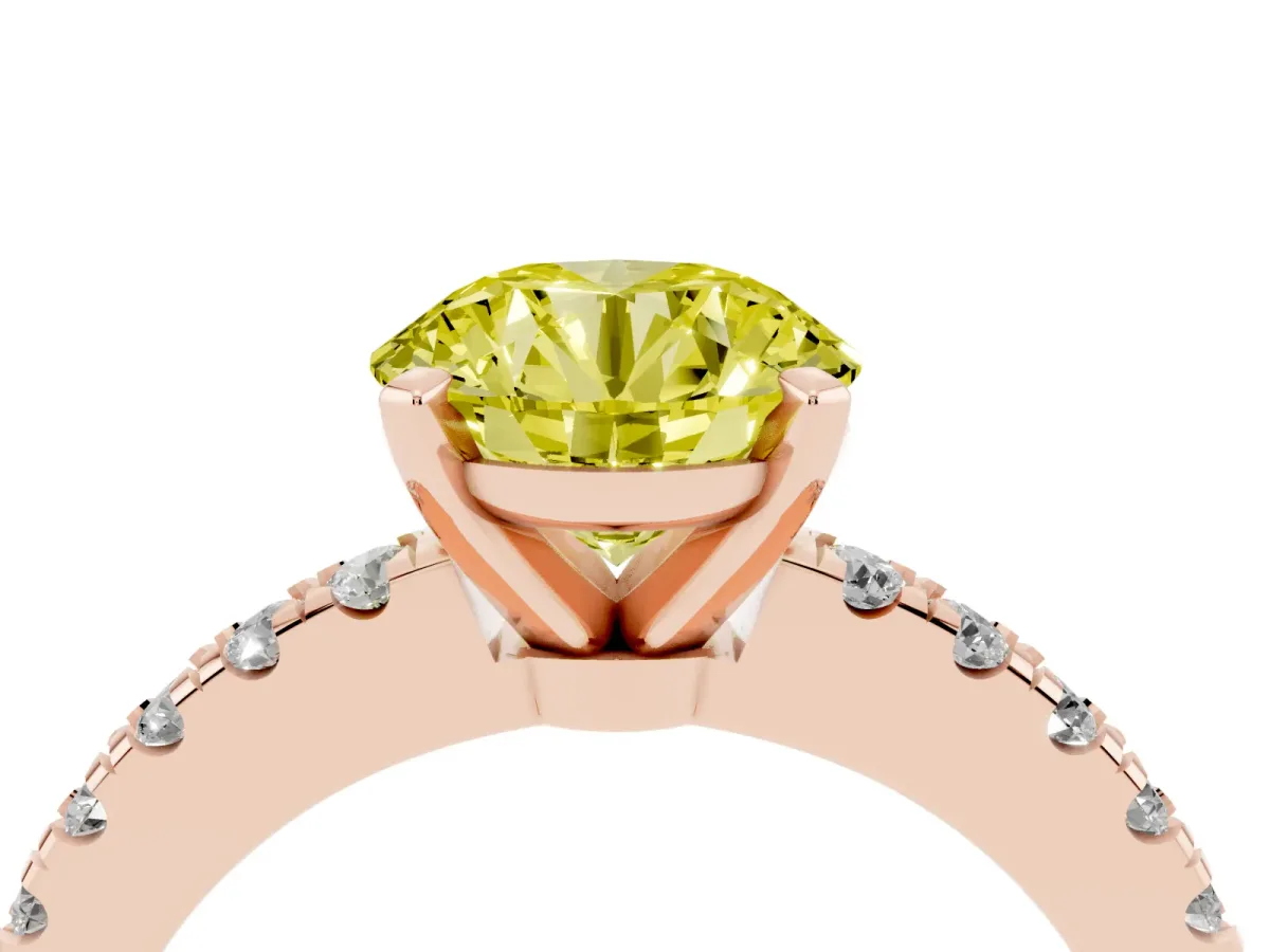 Fancy Yellow Round Cut Solitaire Diamond with Pavé Band and Four-Prong Setting Rose gold