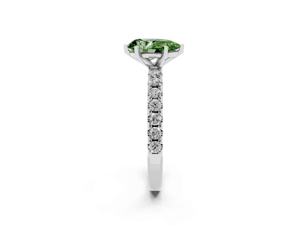 Fancy Green Pear Cut Diamond Solitaire Pavé Band with Four-Prong Setting Silver
