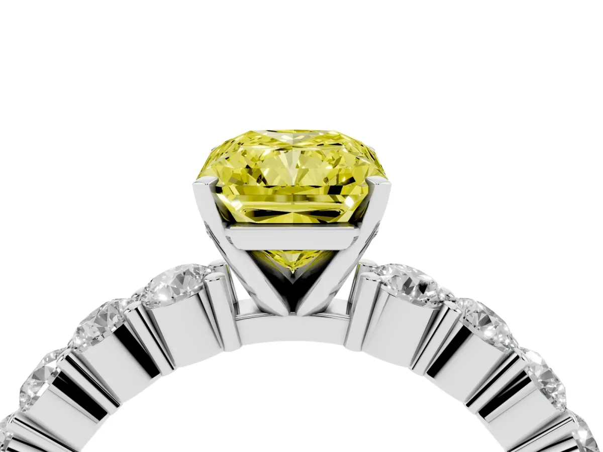 Fancy Yellow Radiant Cut Diamond Solitaire Ring with Shared Prong Round Side Stones Platinum