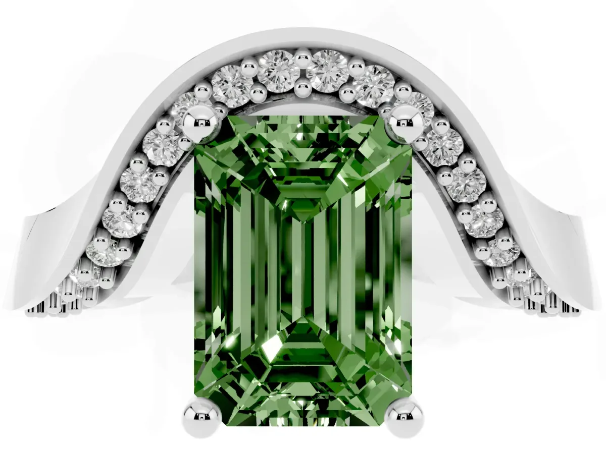 Fancy Green Emerald Cut Solitaire Diamond Engagement Ring with Pave Band and Four-Prong Setting Platinum