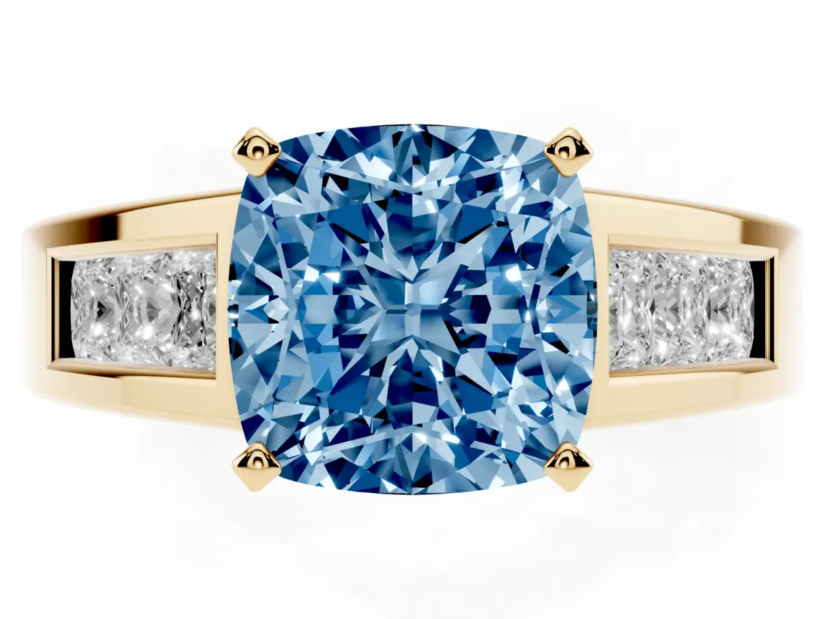 Fancy Blue Cushion Cut Cut Channel Set Solitaire Ring with Four-Prong Setting Yellow gold