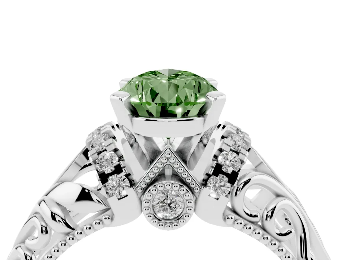 Fancy Green Pear Cut Solitaire Filigree Engagement Ring with Halo and Prong Setting Silver