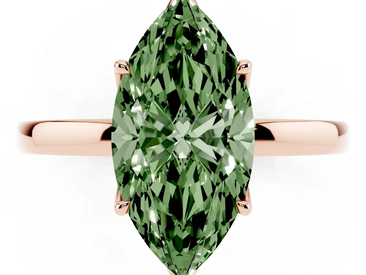 Fancy Green Marquise Cut Diamond Solitaire Ring with Thin Band and Prong Setting Rose gold