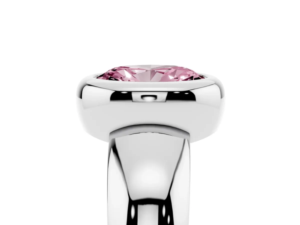 Fancy Pink Bezel Set Oval Cut Solitaire Ring with Wide Band Platinum
