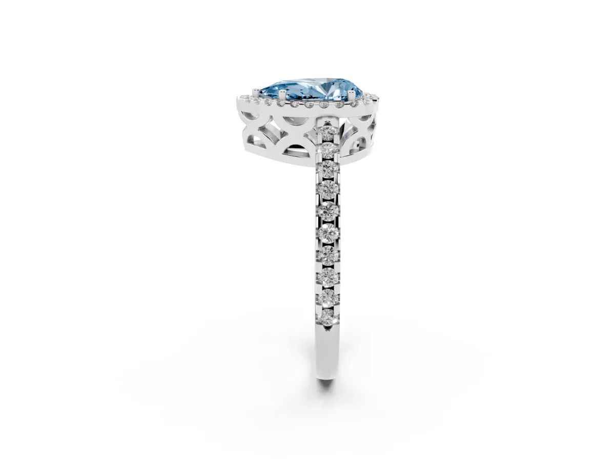 Fancy Blue Pear Cut Diamond Halo Engagement Ring with Pavé Band and Prong Setting Silver