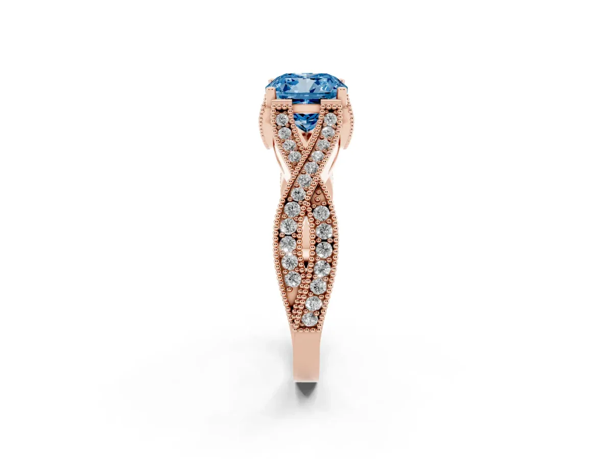 Fancy Blue Cushion Cut Cut Diamond Twisted Band with Milgrain Pave Setting and Four-Prong Setting Rose gold