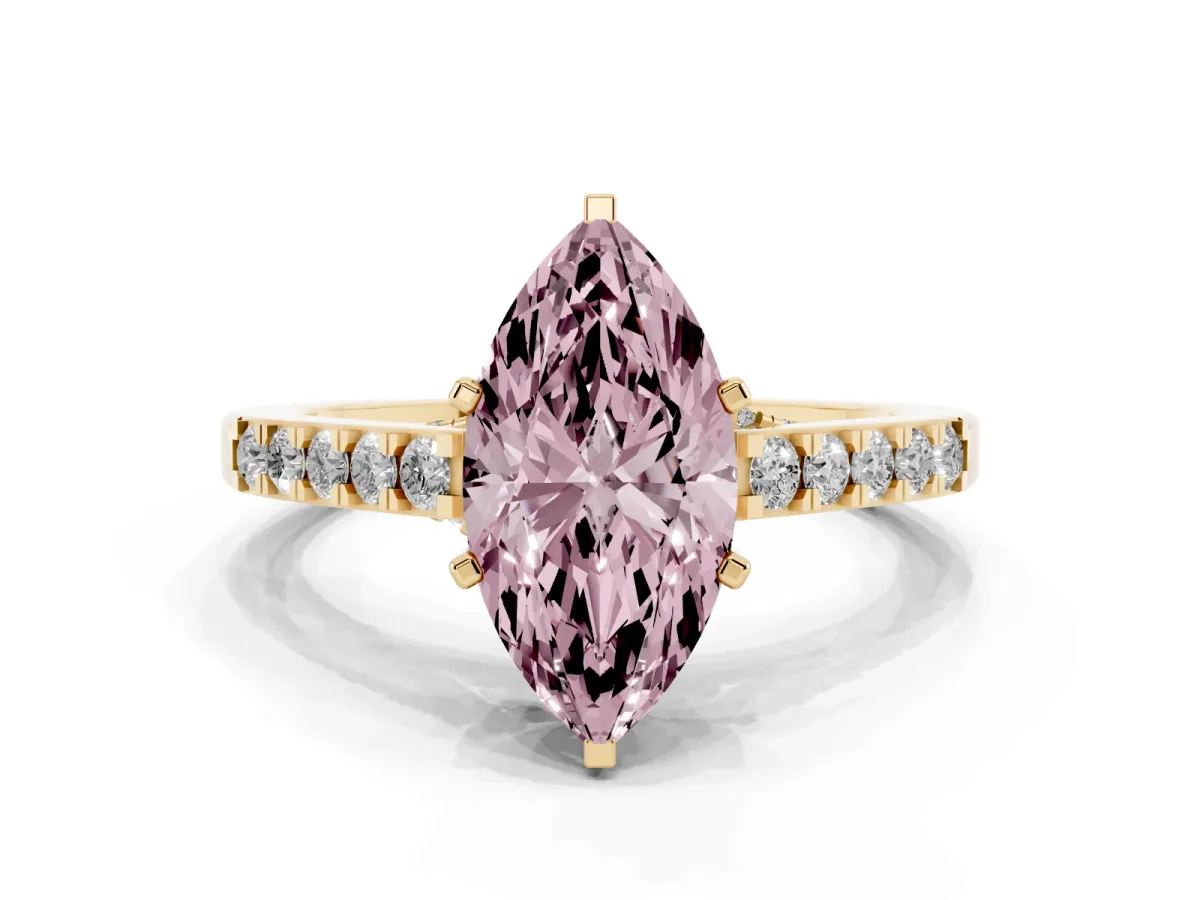 Fancy Pink Marquise Cut Diamond Solitaire Ring with Crossover Gallery and Round Pavé Band Yellow gold
