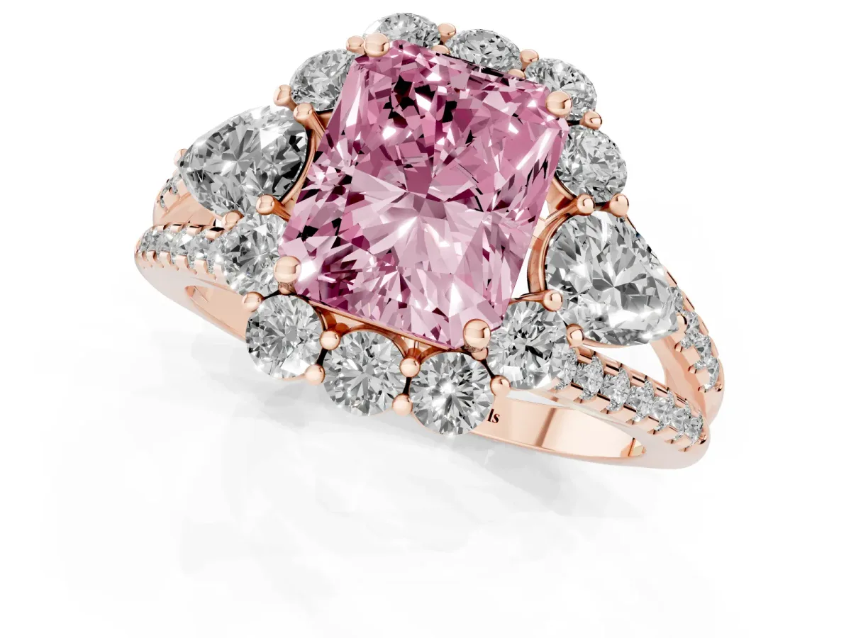 Fancy Pink Radiant Cut Halo Split Shank Diamond Engagement Ring with Prong Setting Rose gold