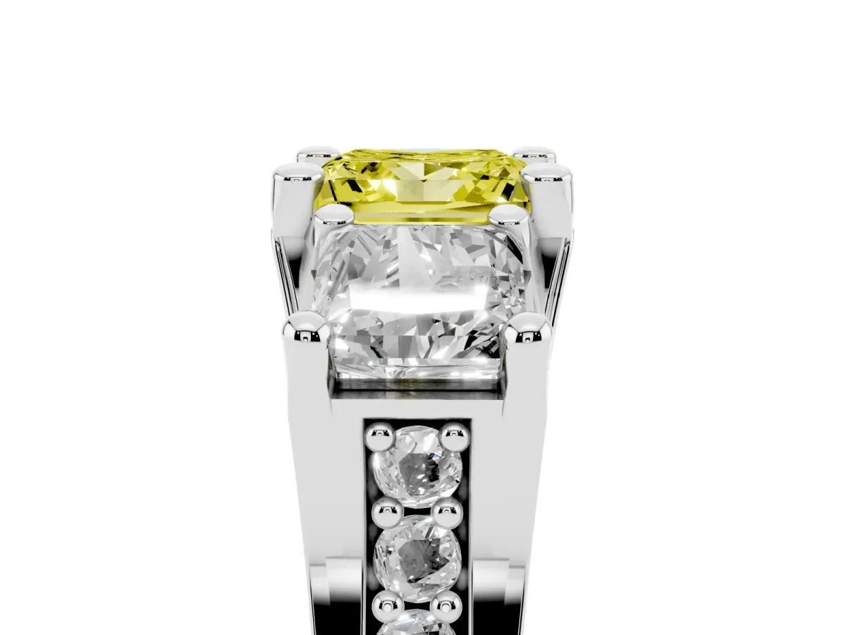 Fancy Yellow Princess Cut Diamond Three-Stone Ring with Channel Set Band and Four-Prong Setting Silver