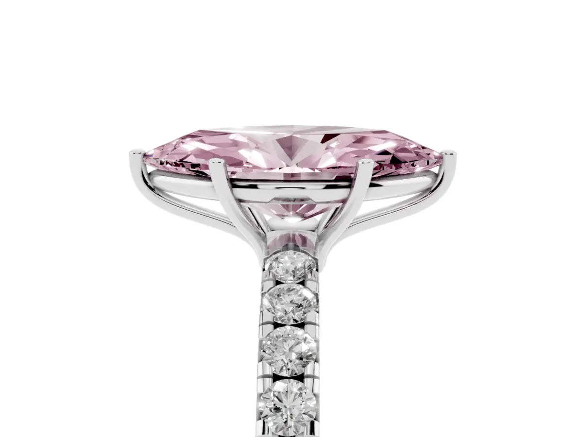 Fancy Pink Marquise Cut Diamond Pavé Solitaire Engagement Ring with Four-Prong Setting Silver
