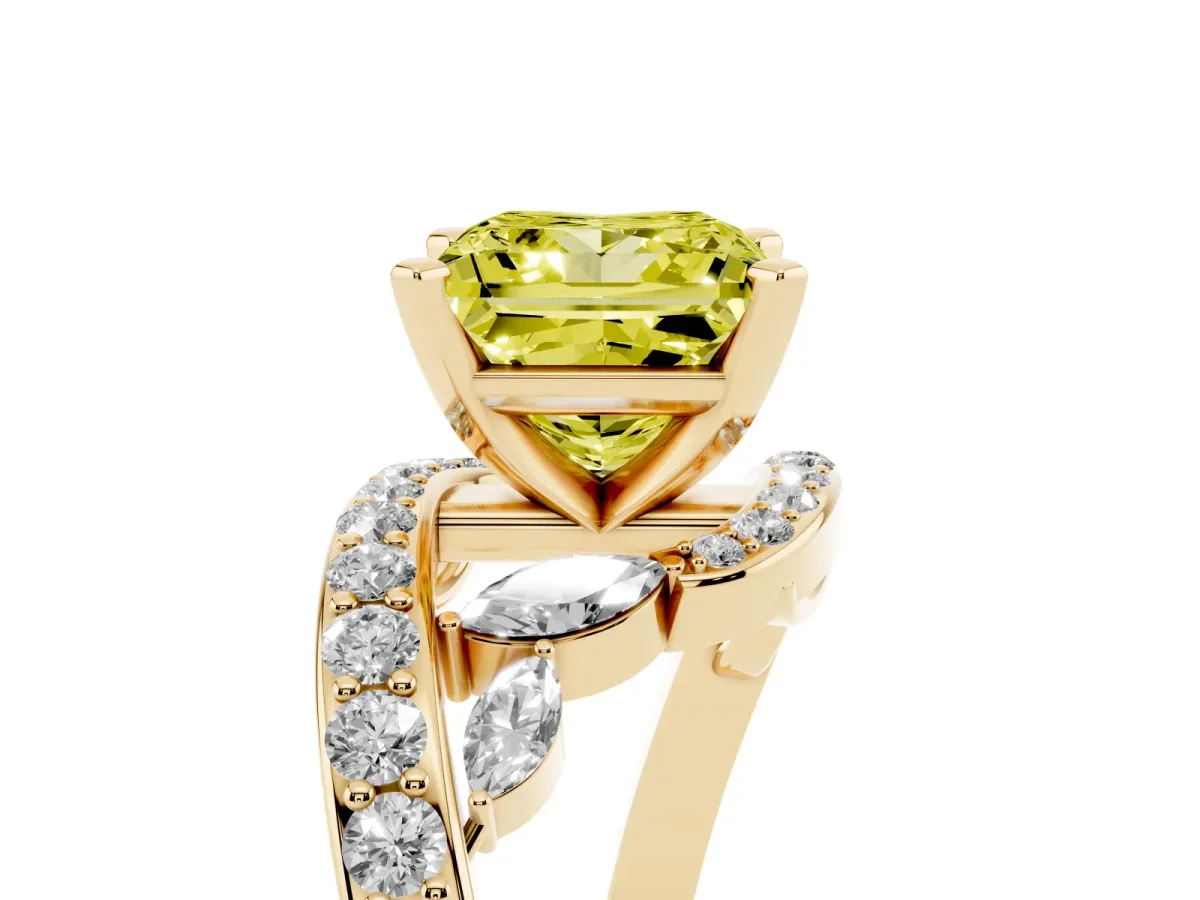 Fancy Yellow Princess Cut Solitaire with Pavé Twist Band and Four-Prong Setting Yellow gold