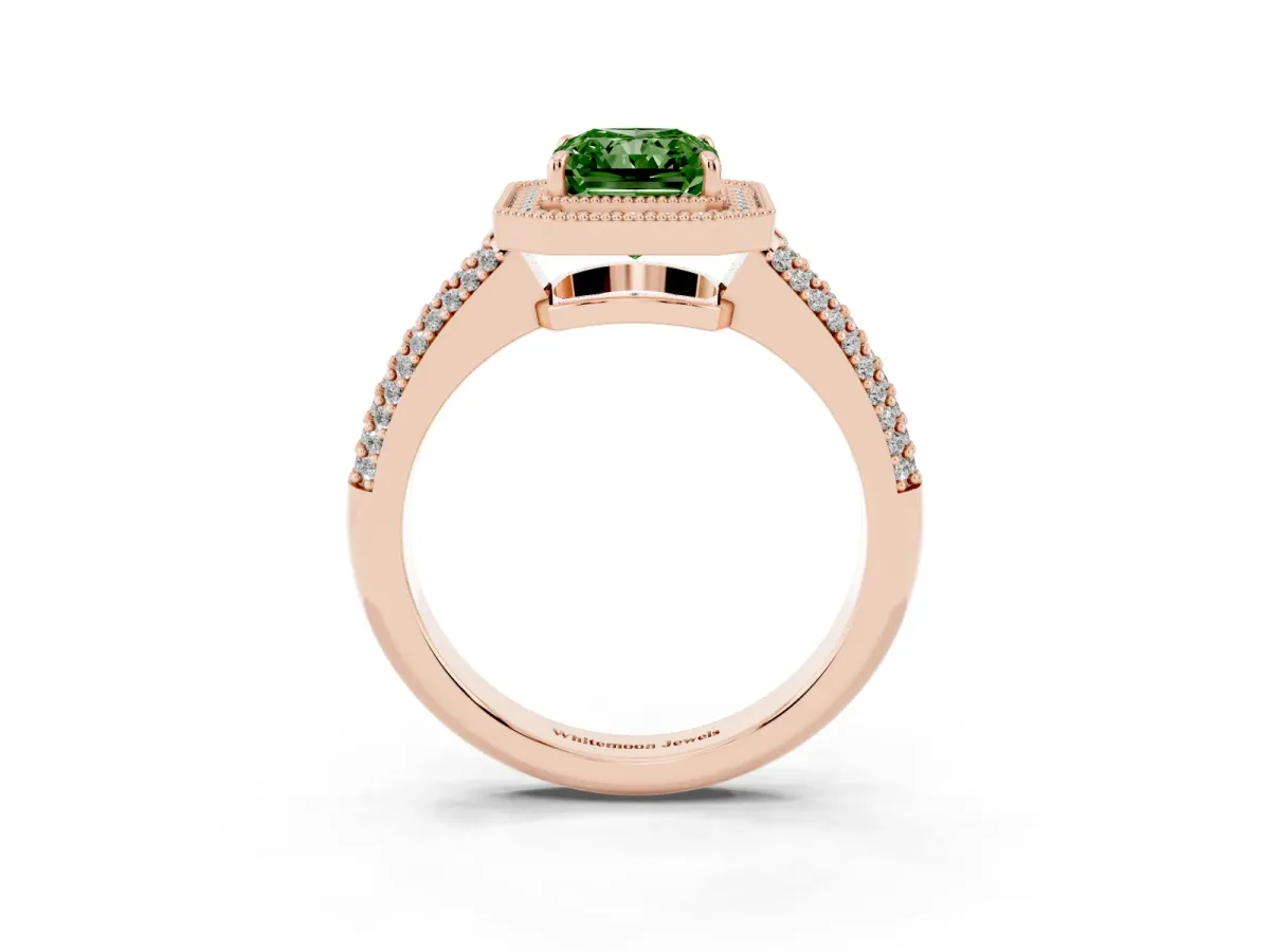 Fancy Green Radiant Cut Cut Halo Diamond Pave Band with Four-Prong Setting Rose gold