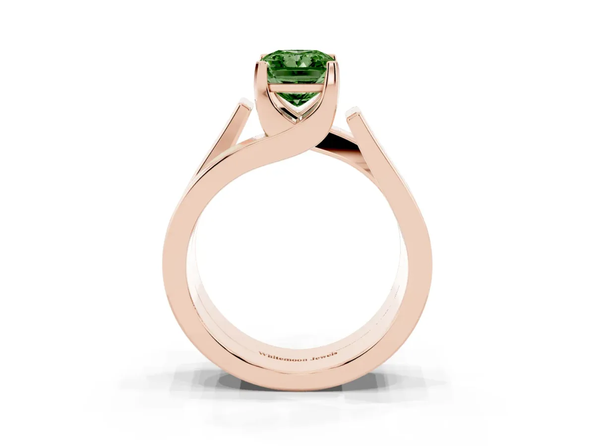 Fancy Green Modern Tension Set Radiant Cut Diamond Solitaire Wide Band Ring Rose gold