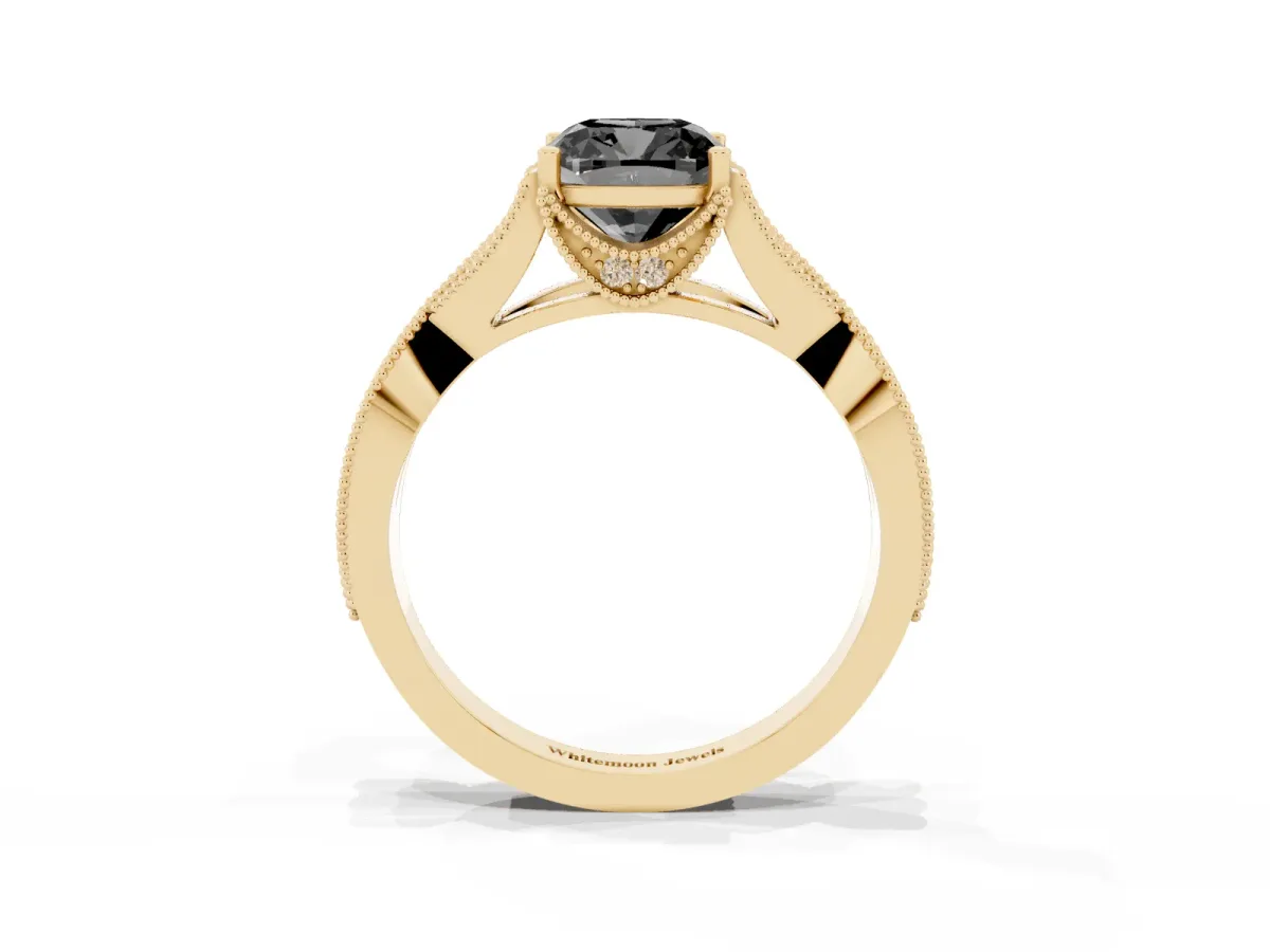 Fancy Black Cushion Cut Cut Diamond Twisted Band with Milgrain Pave Setting and Four-Prong Setting Yellow gold