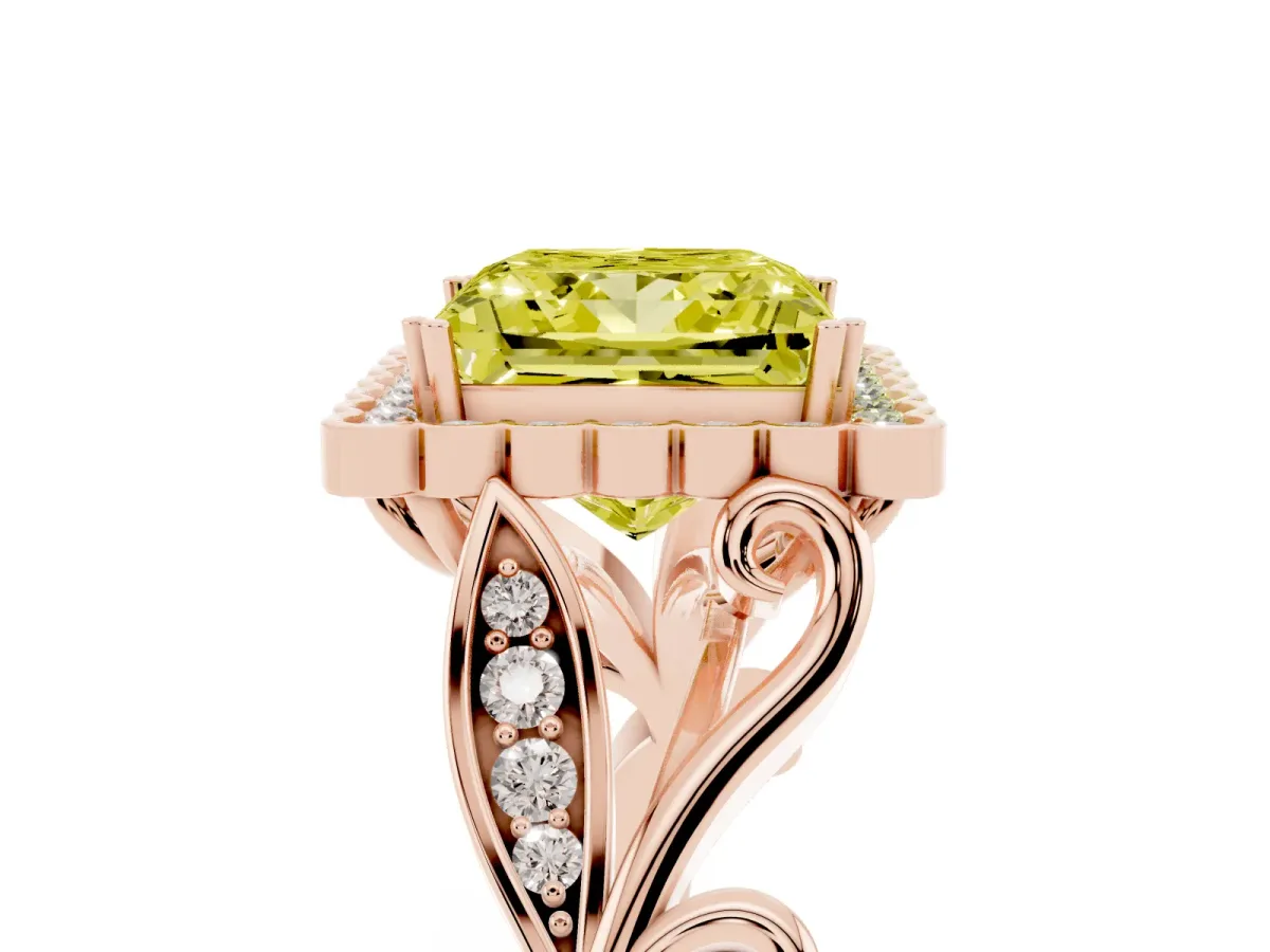 Fancy Yellow Princess Cut Diamond Halo Ring with Vintage Split Shank and Four-Prong Setting Rose gold
