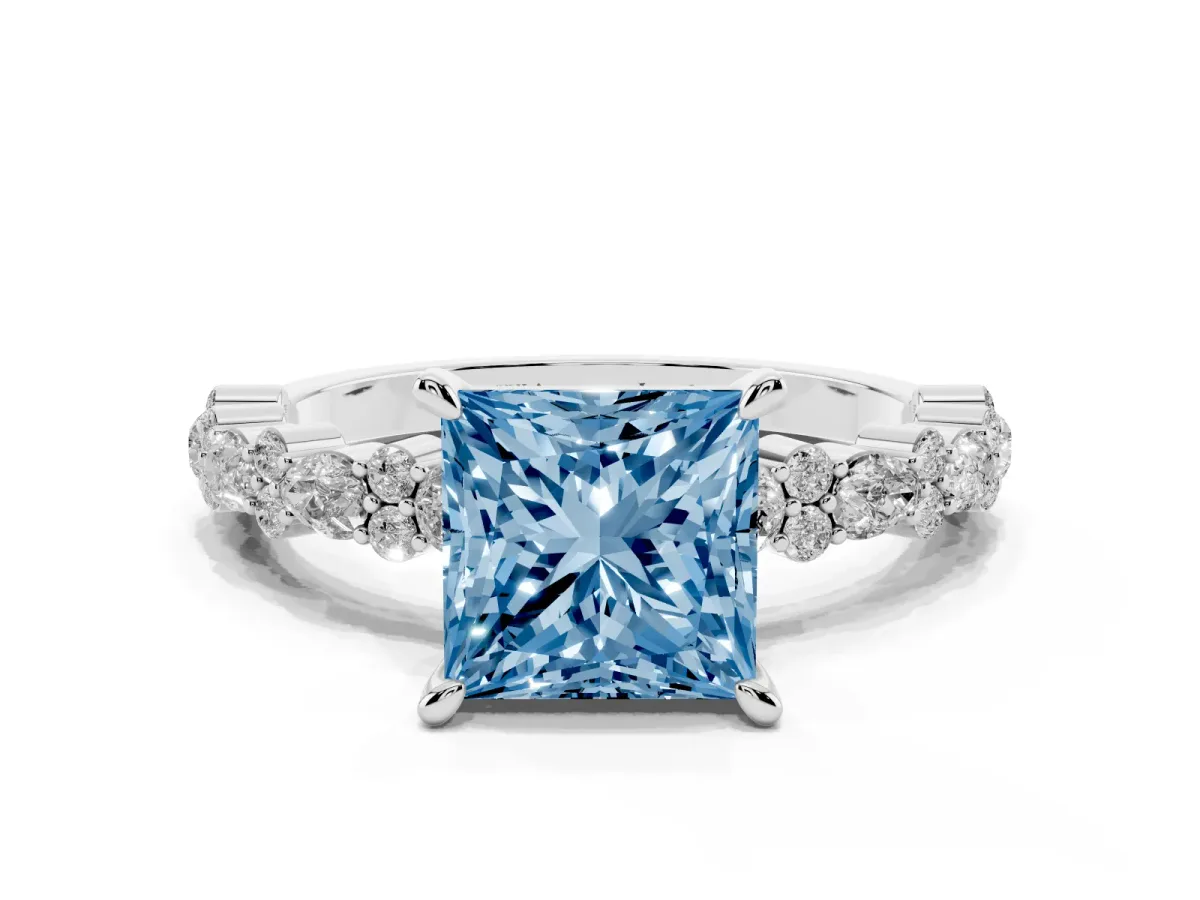 Fancy Blue Princess Cut Diamond Side Stone Solitaire Ring with Round and Four-Prong Setting Silver