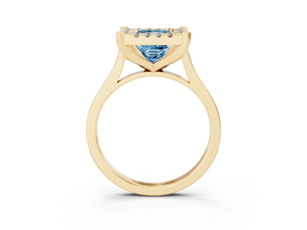 Fancy Blue Princess Cut Diamond Cluster Halo Solitaire with Four-Prong Setting Yellow gold