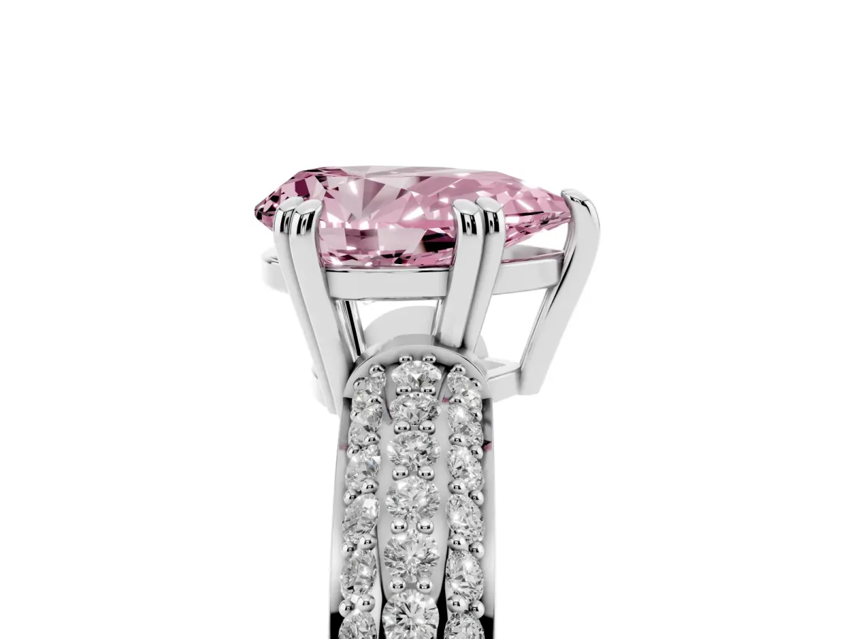 Fancy Pink Pear Cut Diamond Solitaire Ring with Multi-Row Round Pavé Band and Prong Setting Silver