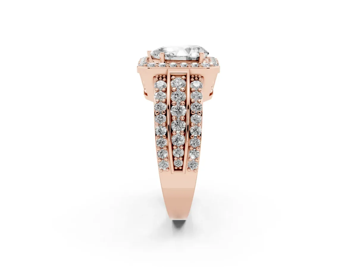 Pear Cut Halo Diamond Ring with Round Split Shank and Prong Setting Rose gold