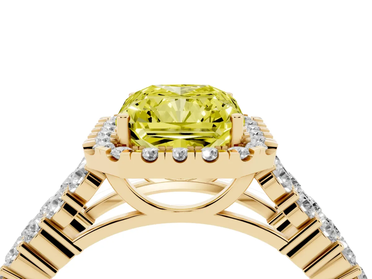 Fancy Yellow Radiant Cut Diamond Halo Engagement Ring with Triple Row Round Pavé Band and Prong Setting Yellow gold