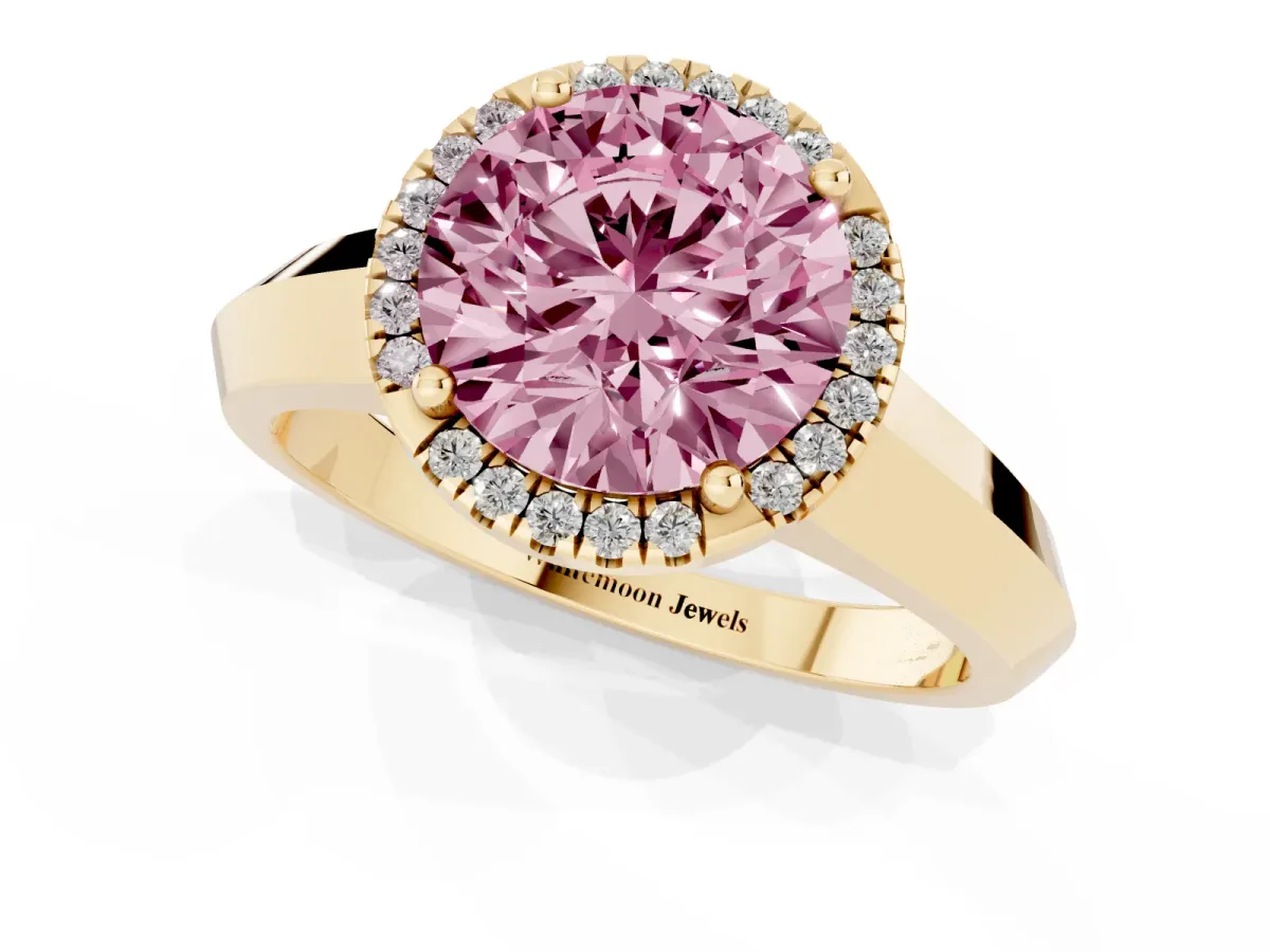 Fancy Pink Round Cut Halo Diamond Ring with Cathedral Band and Four-Prong Setting Yellow gold